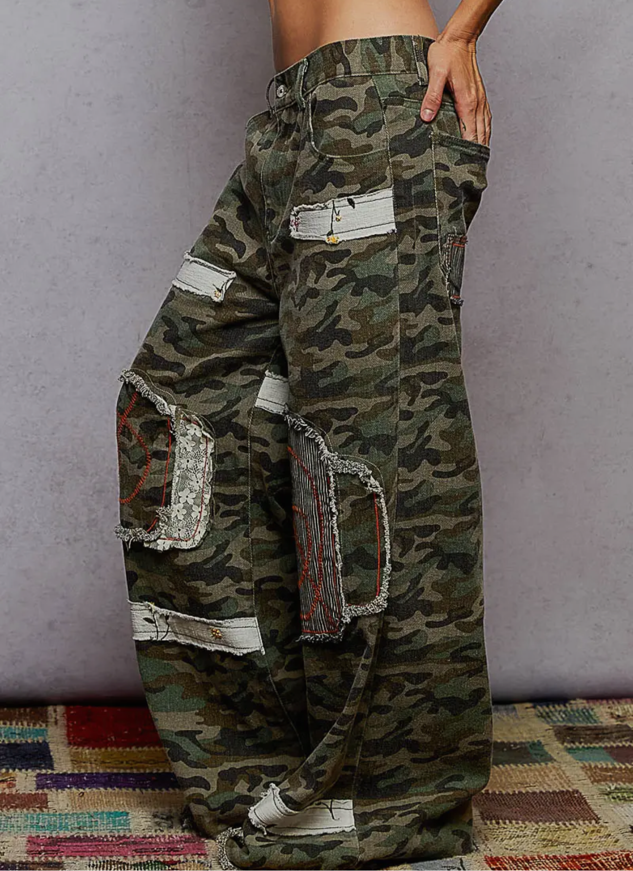 Wide Leg Camo Stripe Design Pants