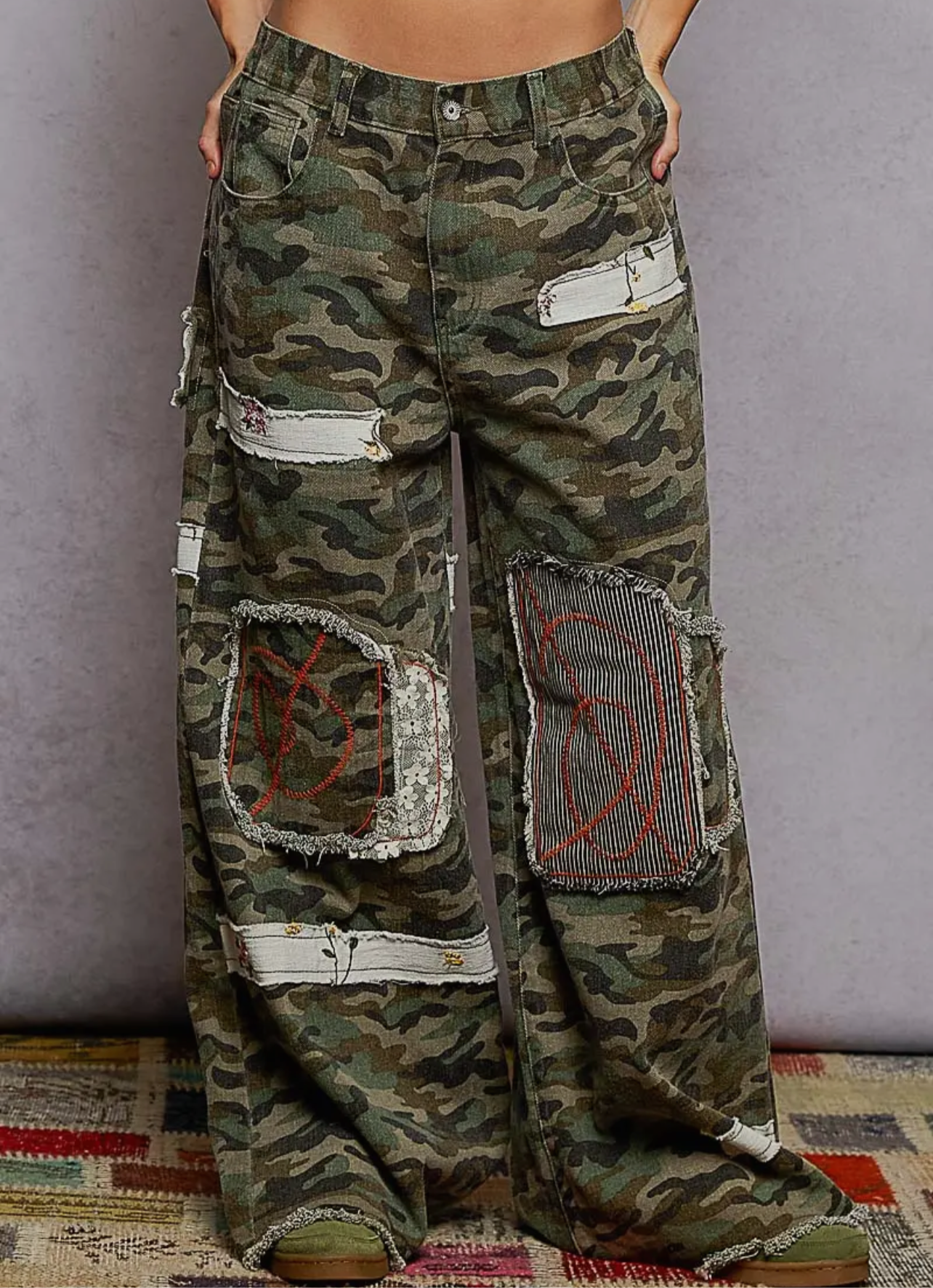 Wide Leg Camo Stripe Design Pants