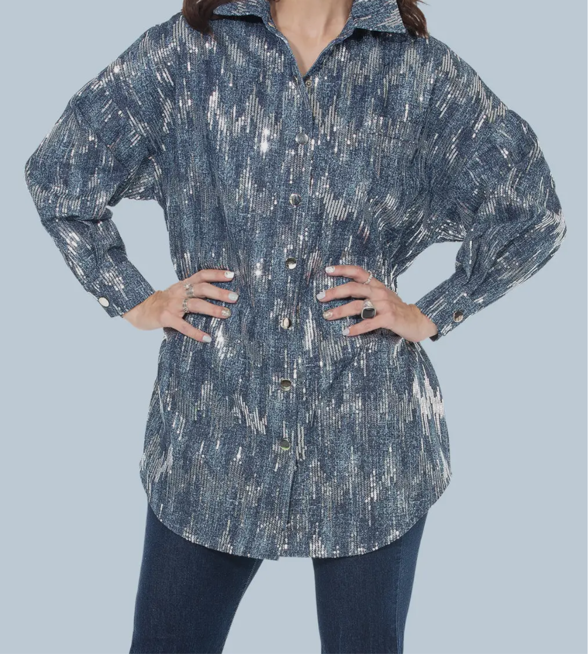 Queen Long Sleeve Denim Silver Sequin Tunic Top