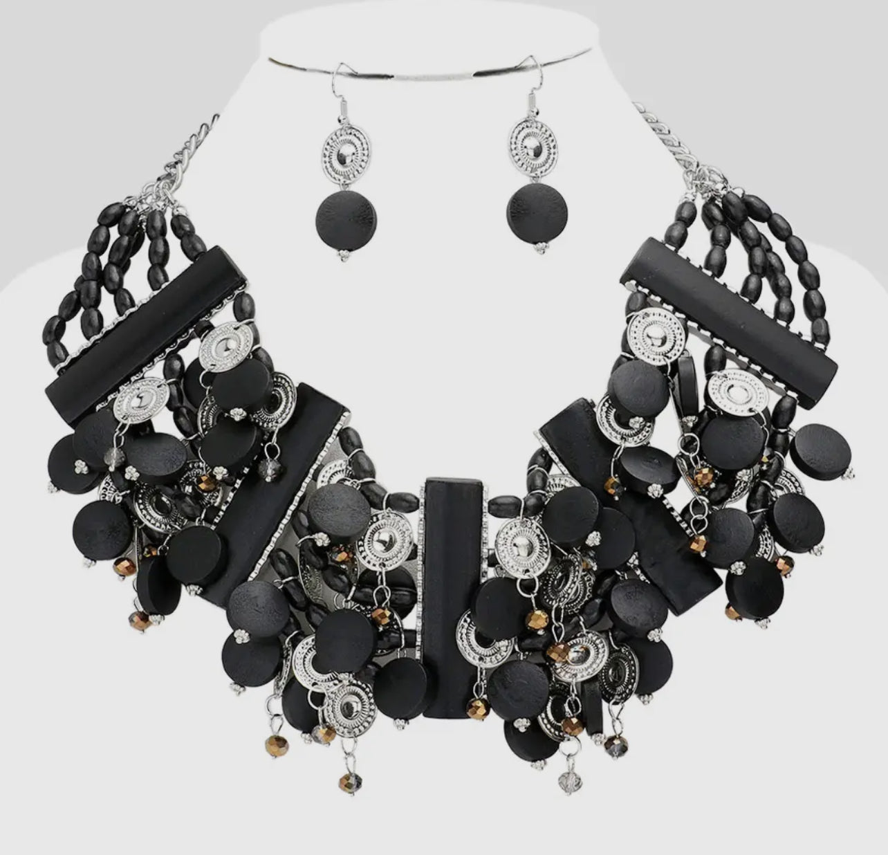 Vintage Black Wooden Bib Necklace