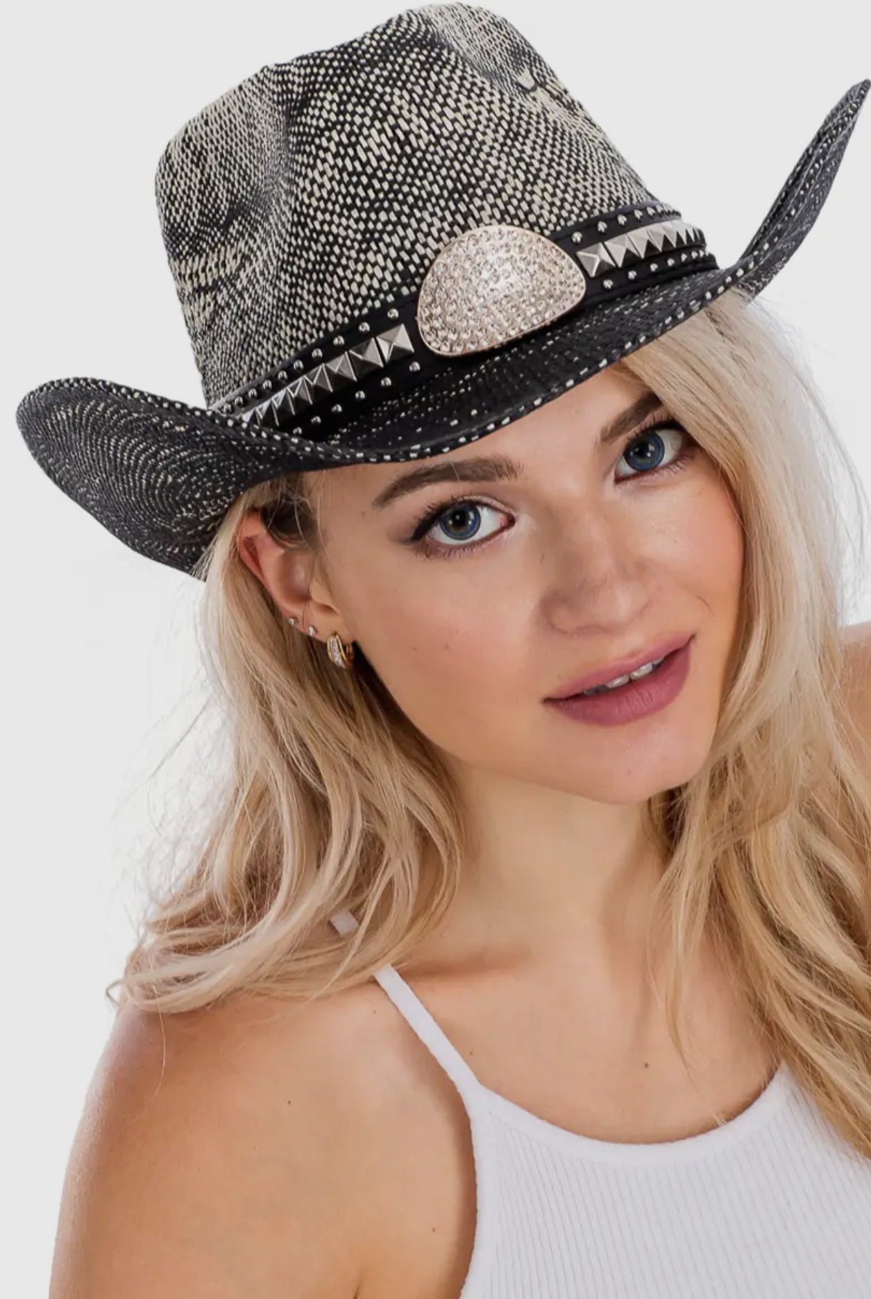 Bling Rhinestone Studded Belt Black Ivory Ombre Cowboy Hat