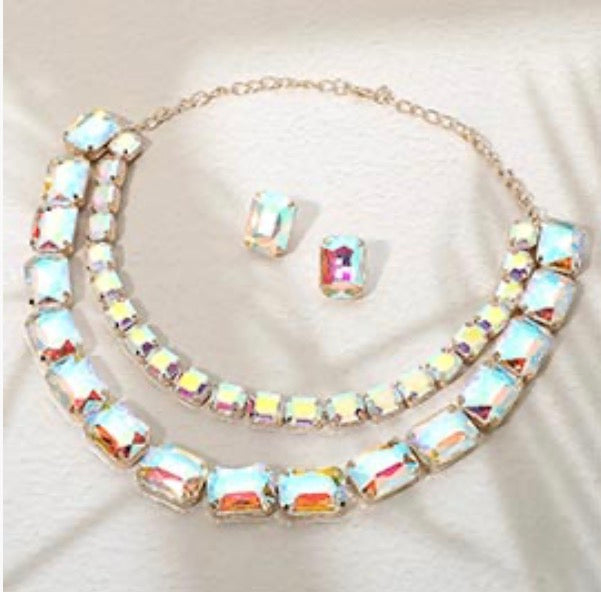 Emerald Cut Stone Cluster Link Double Layered Necklace
