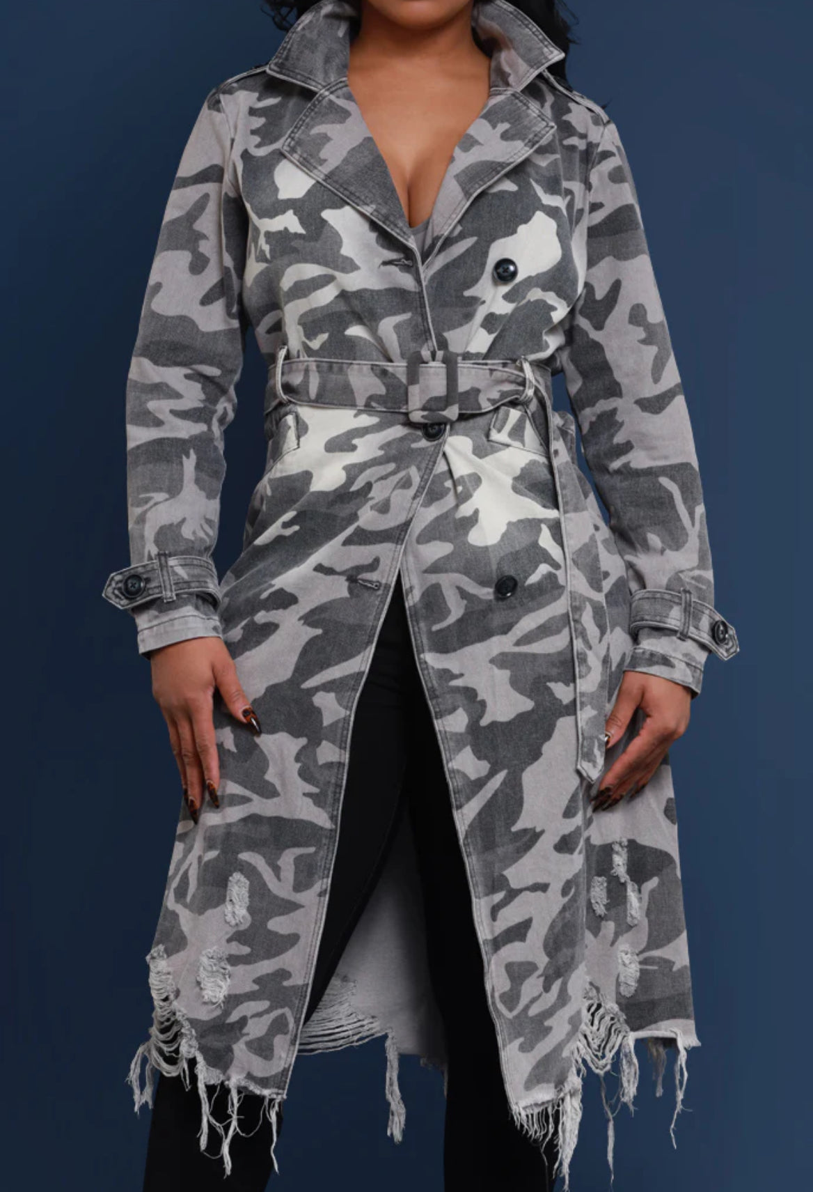 Wear It Longline Distressed Camouflage Jacket - Grey