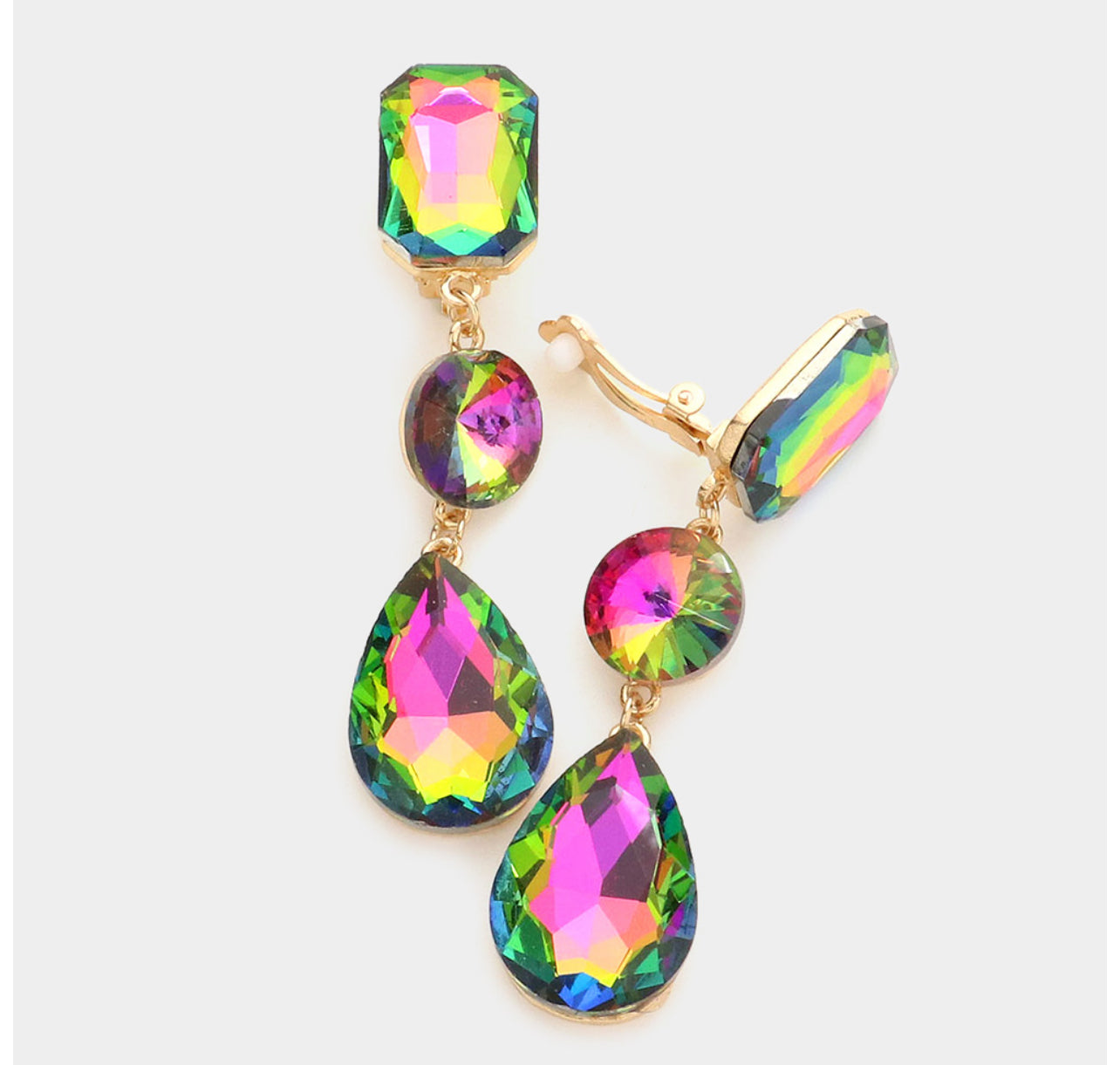 Triple Glass Crystal Drop Clip On Earrings