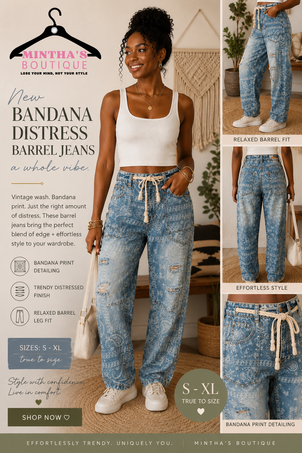 Bandana Distressed Barrel Jeans