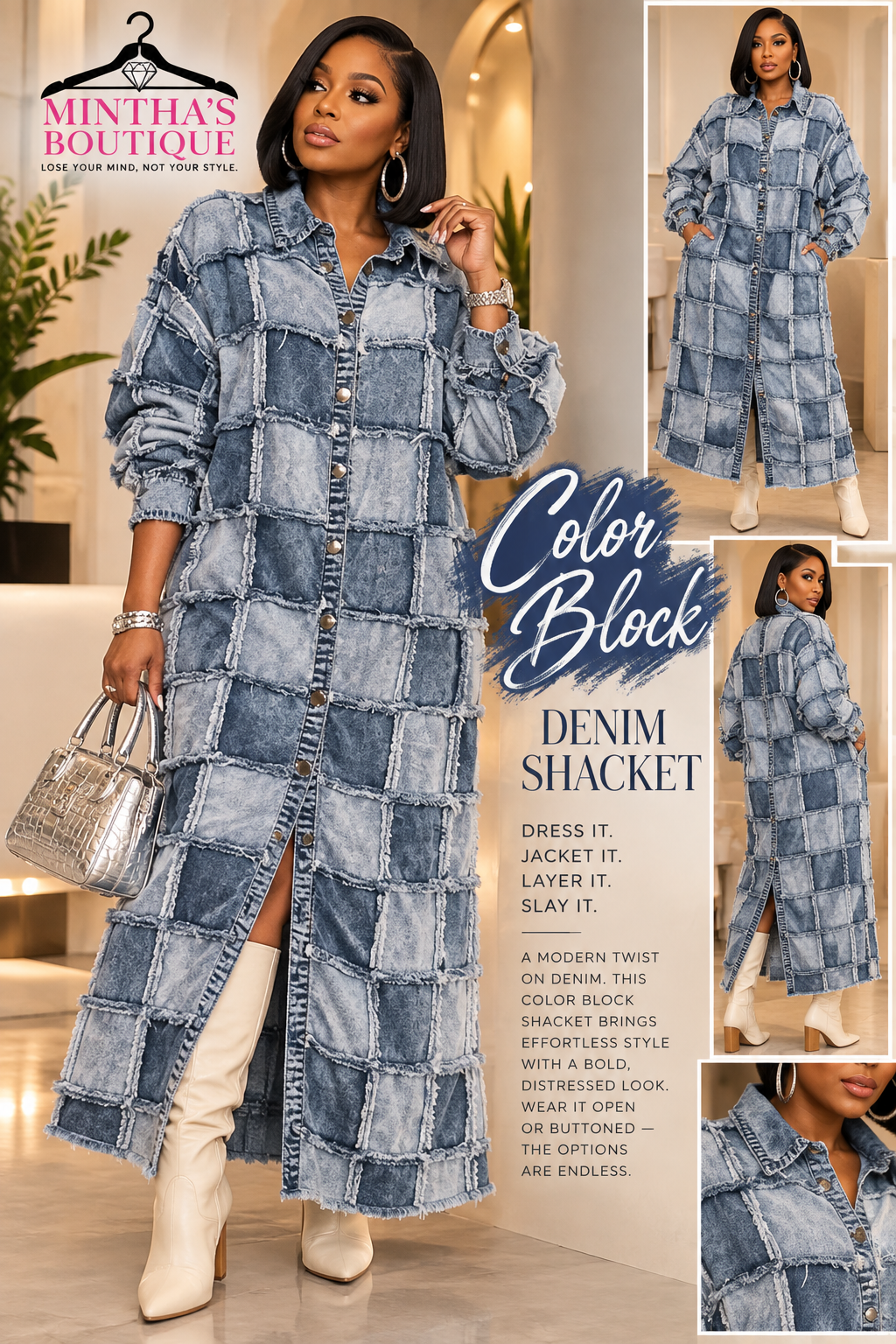 Colorblock Denim Patchwork Raw Edge Plaid Overcoat-Blue