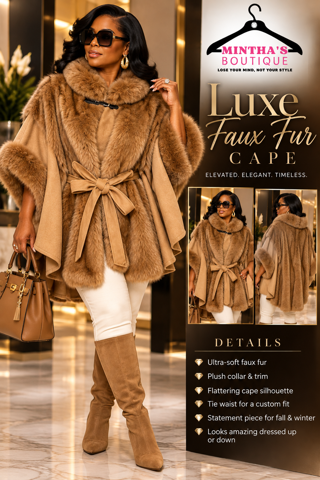 Deluxe Faux Fur Cape โ Camel