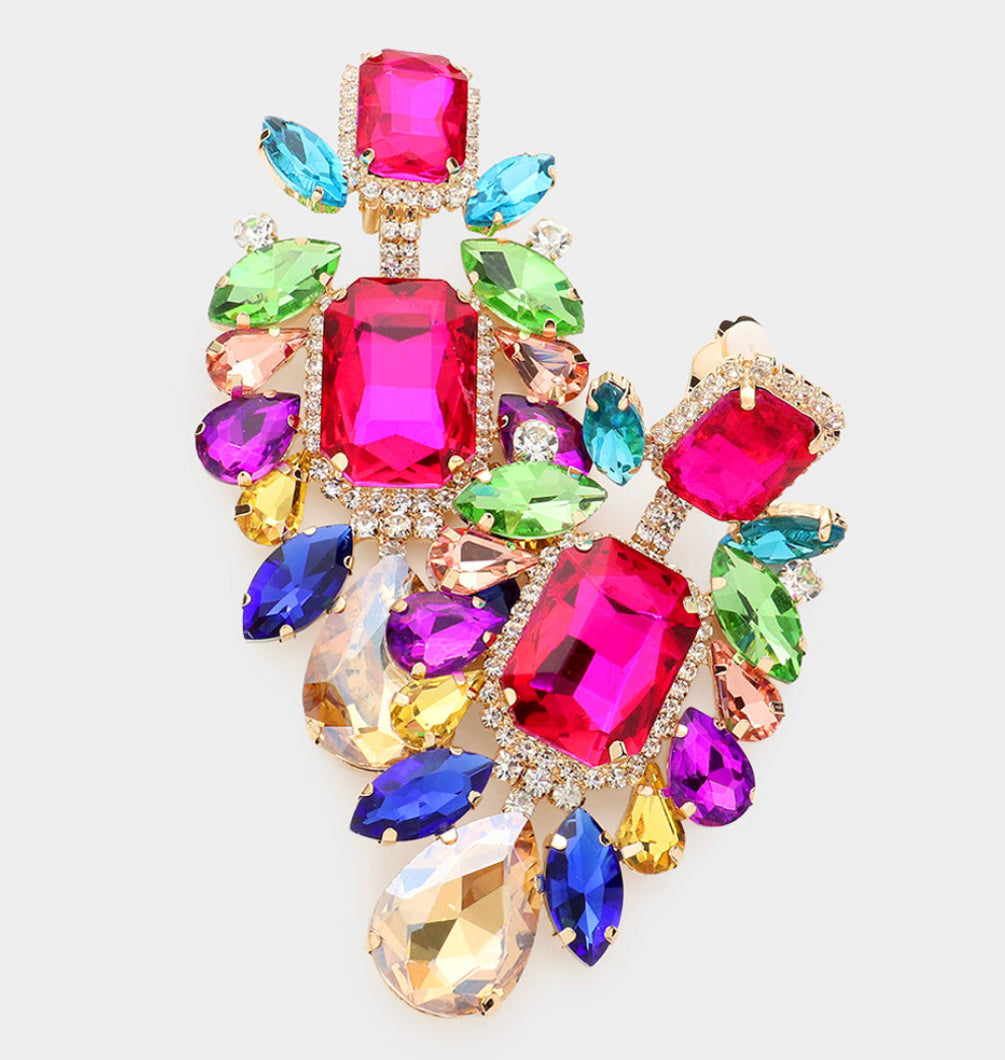 Multi Color Stone Embellished Clip on Earrings