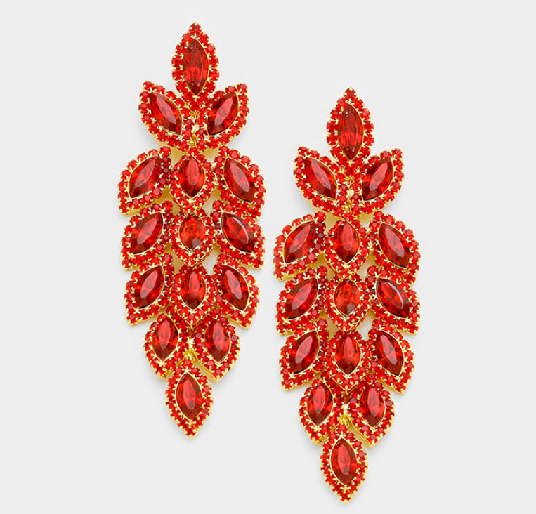 Red Crystal Stone Leaf Cluster Marquise Earrings