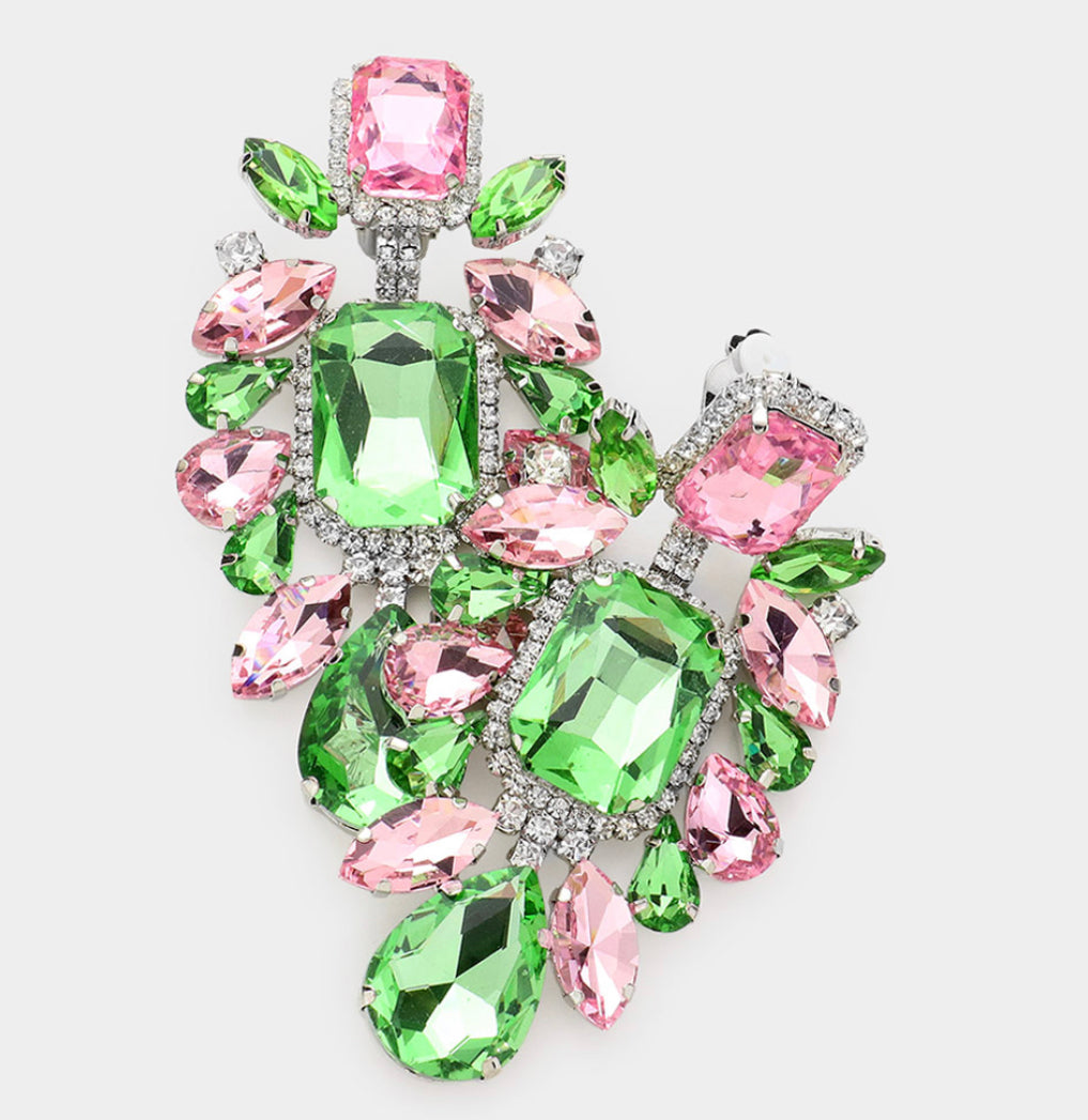 Pink & Green Color Stone Embellished Clip on Earrings