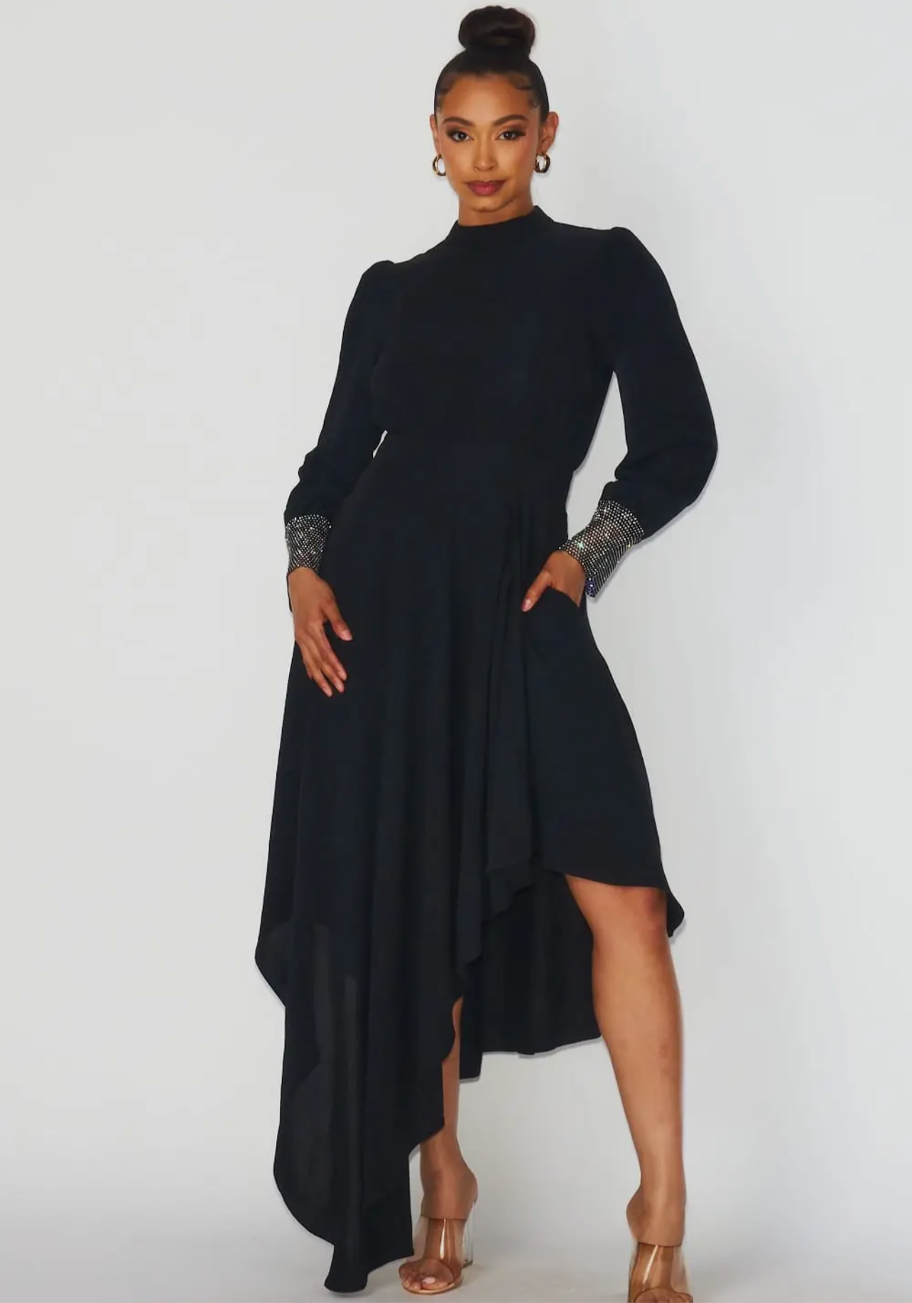 Pretty Woman Chiffon Dress w/Rhinestone Embellishment on Sleeves