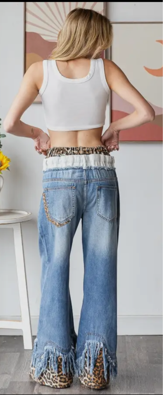 Double Waist Frayed Hem Jeans with Leopard Detail