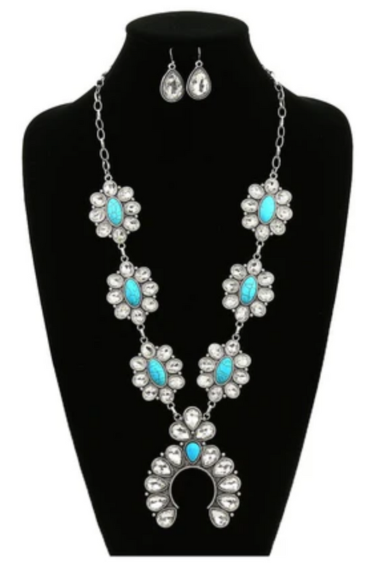 Cowboy  Carter Turquoise & Bling Squash Blossom Necklace Set