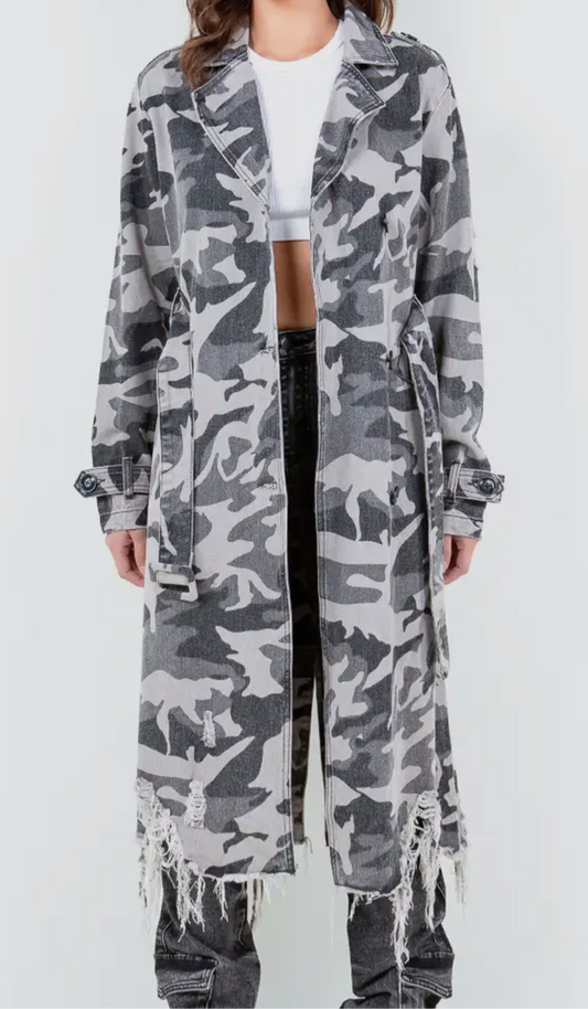 Wear It Longline Distressed Camouflage Jacket - Grey