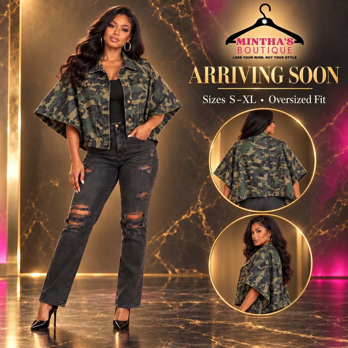 Camo Flyaway Cape-Sleeve Trucker Jacket