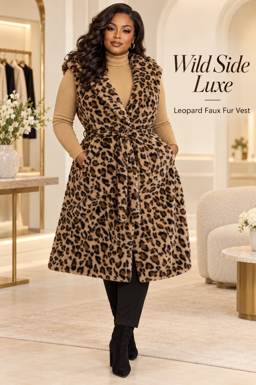 Leopard Sleeveless Faux Fur Belted Vest