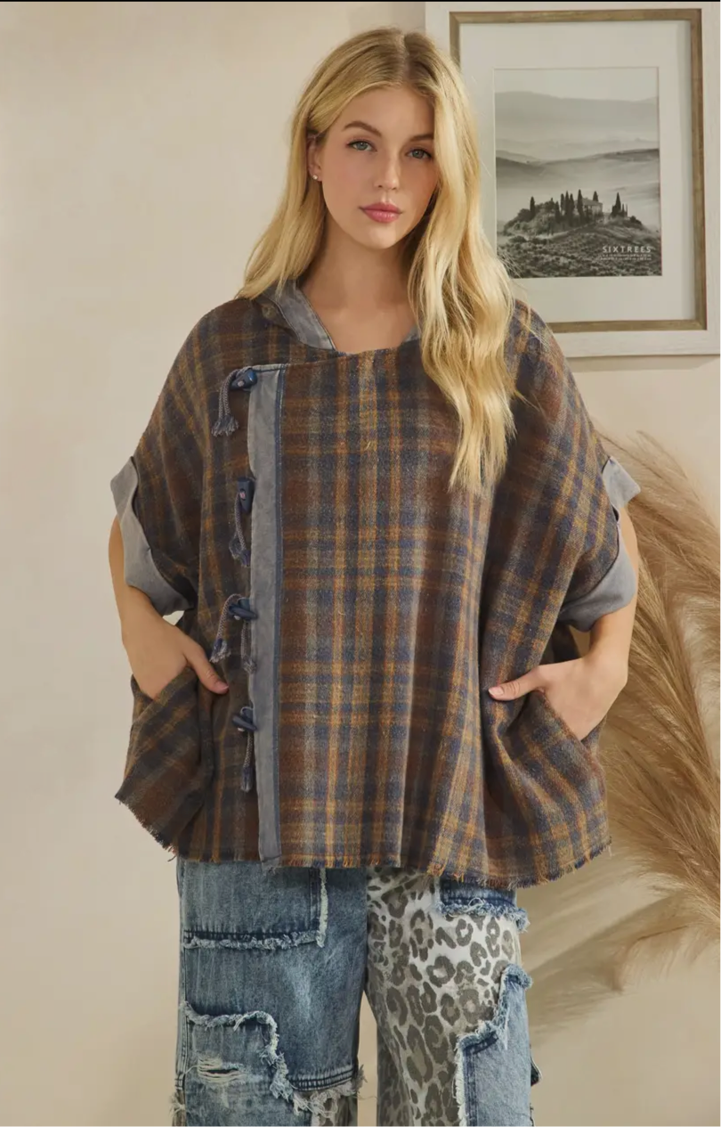 Washed Poncho Style Hoodie Jacket