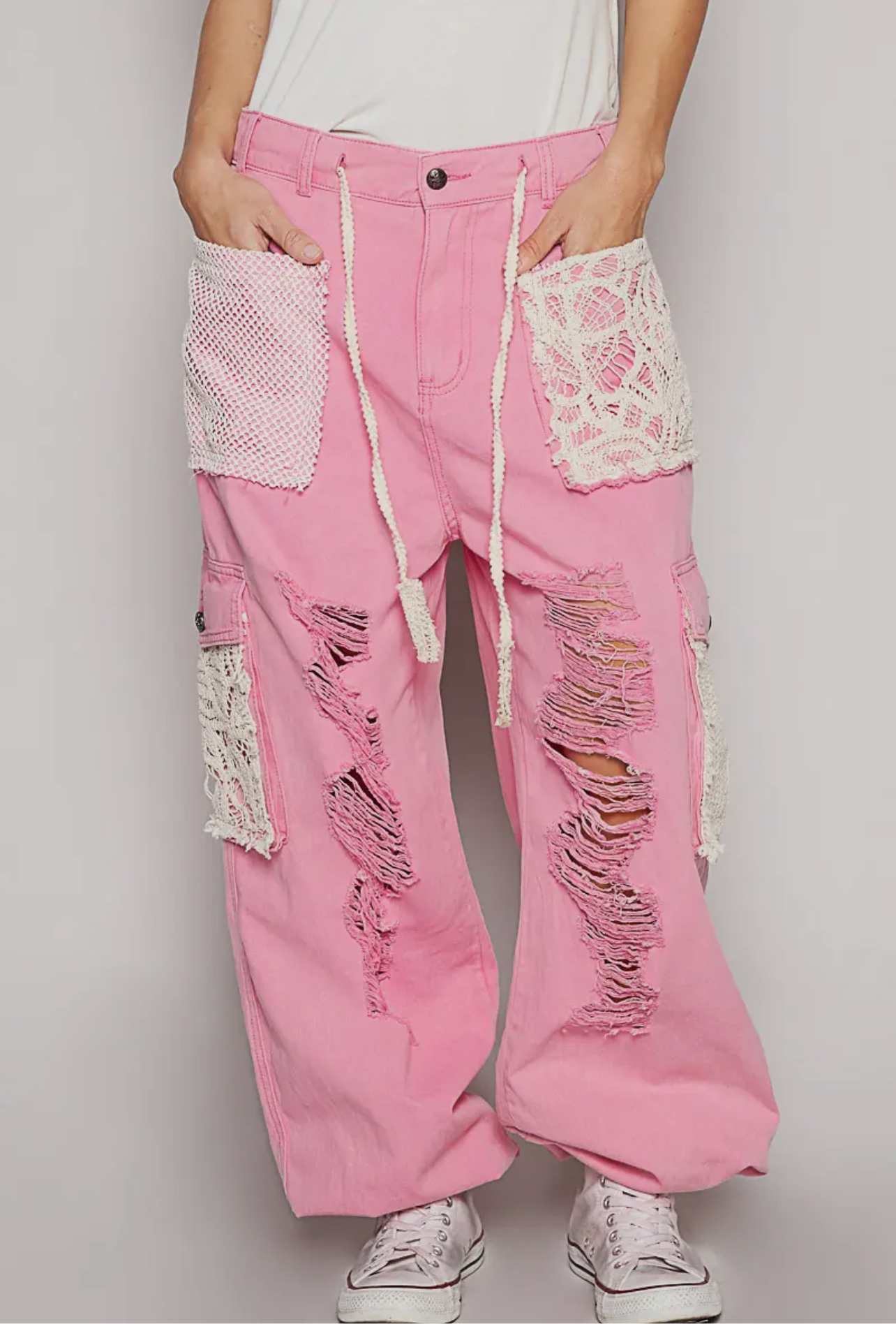 Vintage Wash Crochet Patches Distressed Jogger Pants _Pink