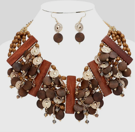 Vintage Brown Wooden Bib Necklace