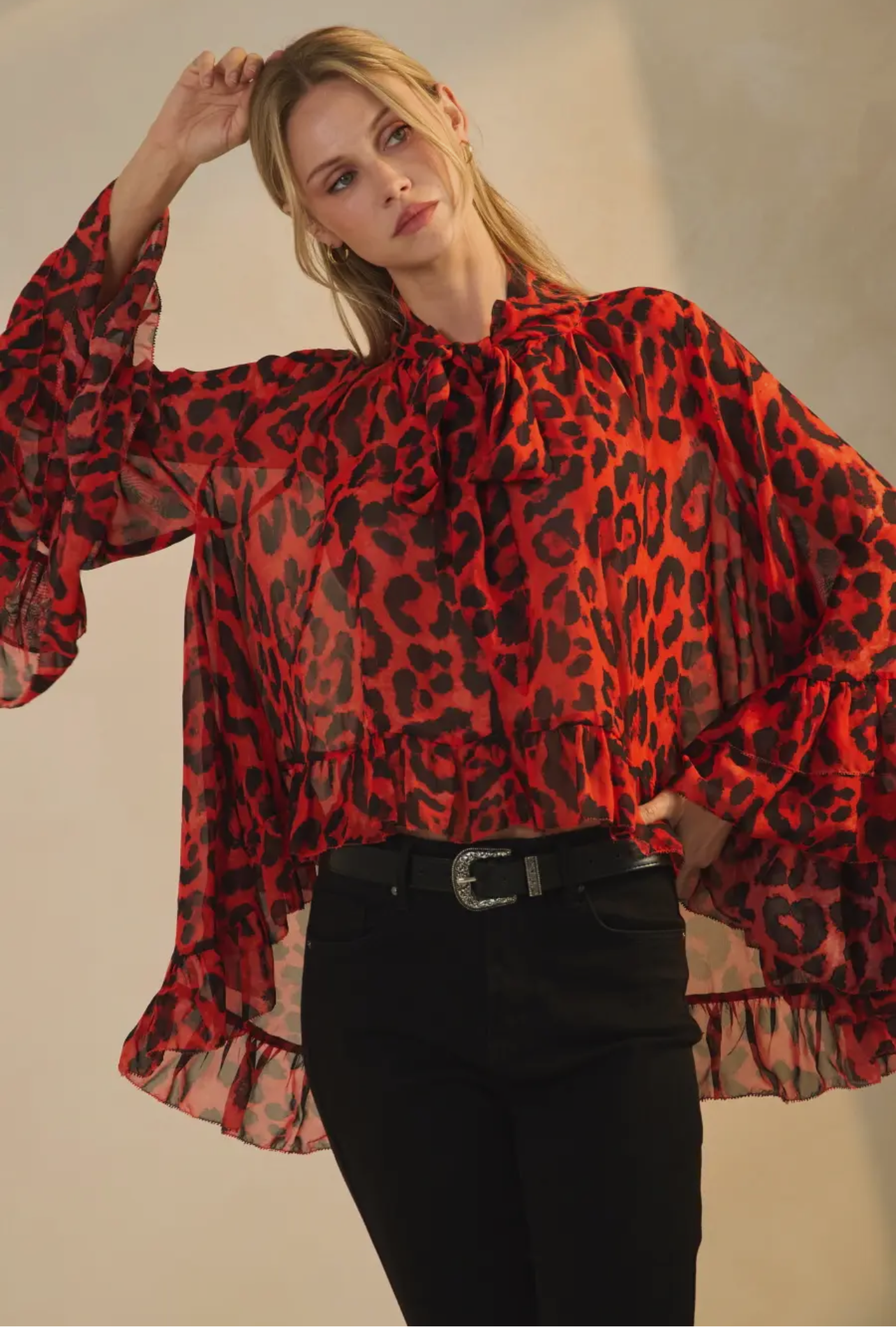 Tiff Ruffle Chiffon Layered Blouse Animal Print
