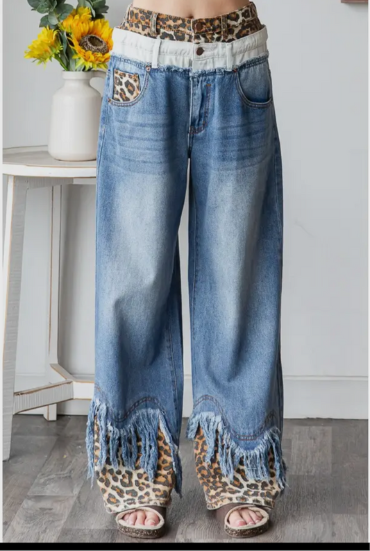 Double Waist Frayed Hem Jeans with Leopard Detail