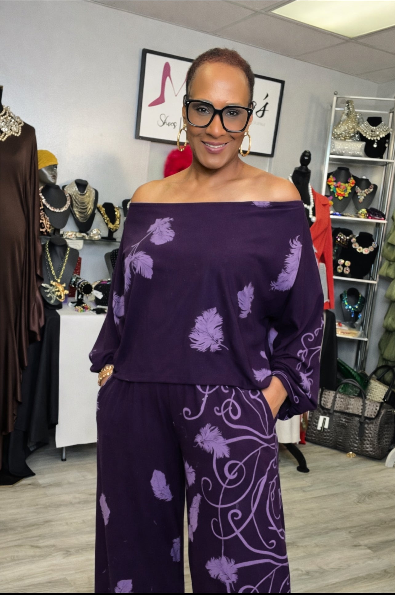Purple Passion Off Shoulder 2pc Pant Set OVERSIZE SIZE DOWN