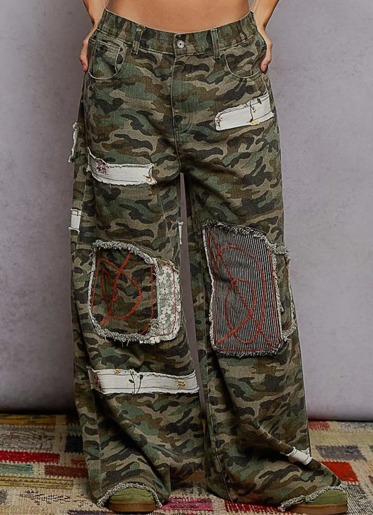 Wide Leg Camo Stripe Design Pants
