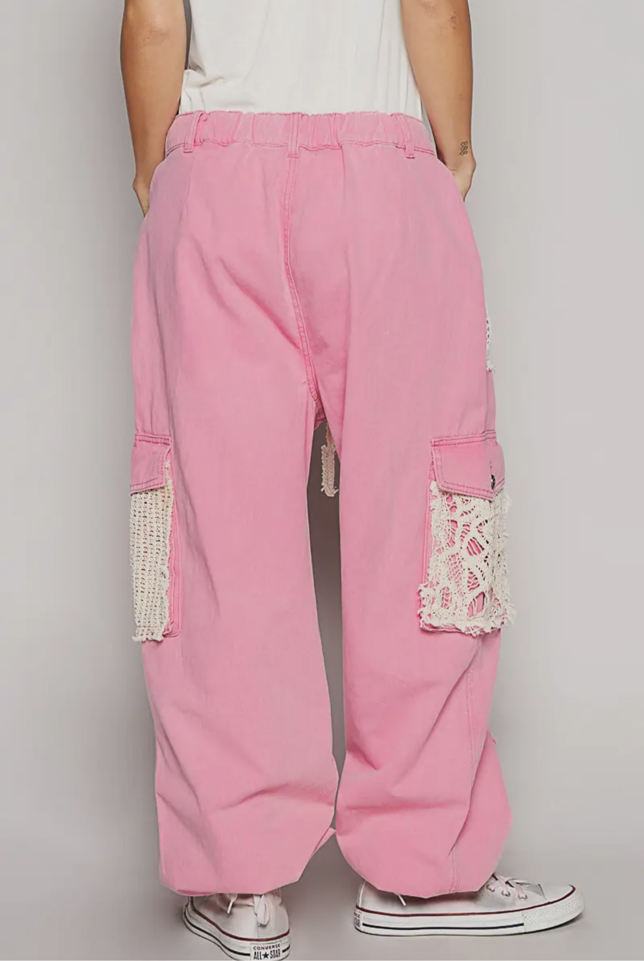 Vintage Wash Crochet Patches Distressed Jogger Pants _Pink