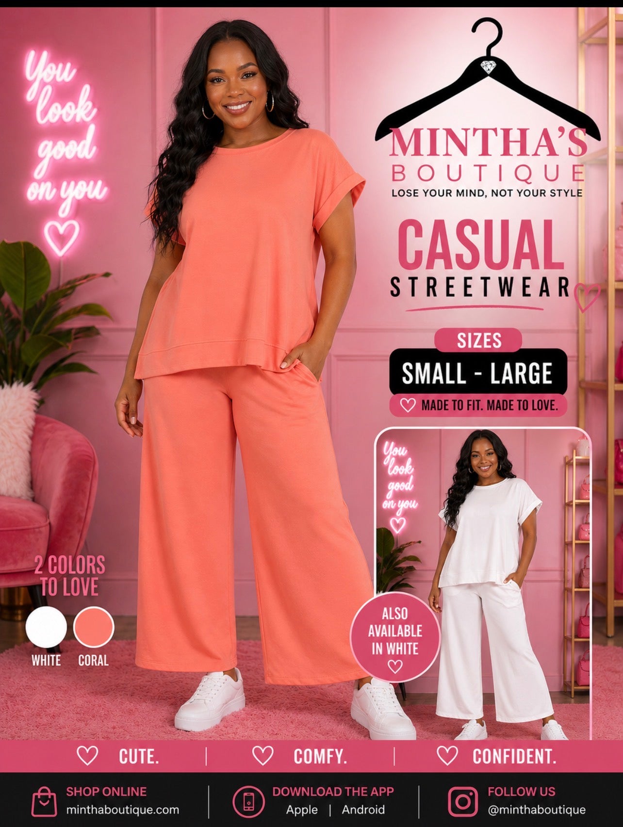 Casual 2pc Pant Set_White or Coral