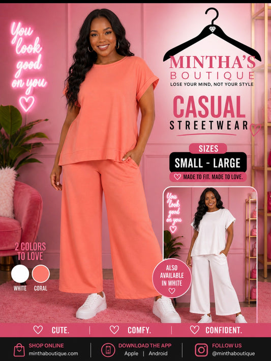 Casual 2pc Pant Set_White or Coral