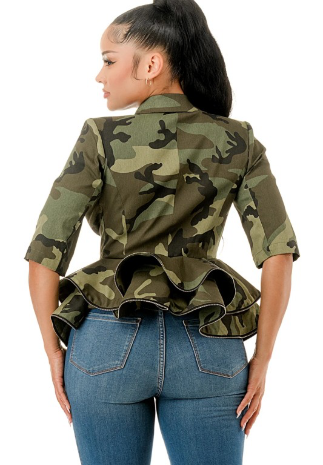 Business Casual  Peplum Camo Short Sleeve Jacket