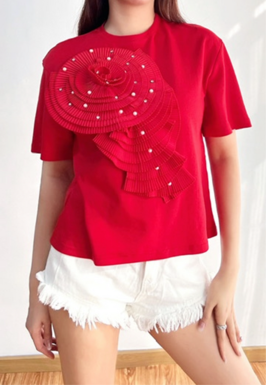 Floral Solid Color Short Sleeves T-Shirt with Bling