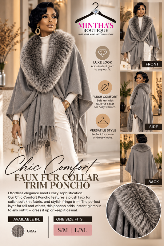 Chic Comfort Faux Fur Collar Trim Poncho