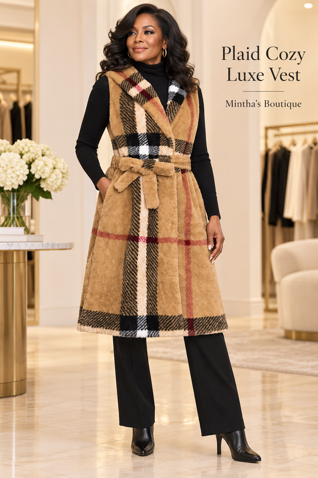 Plaid Sleeveless Faux Fur Belted Vest