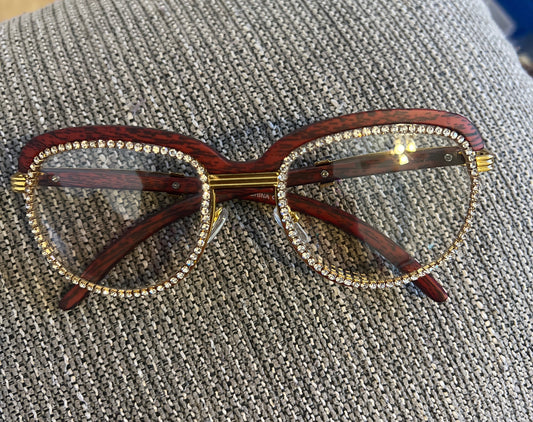 Wood Frame Rhinestone Clear Lens