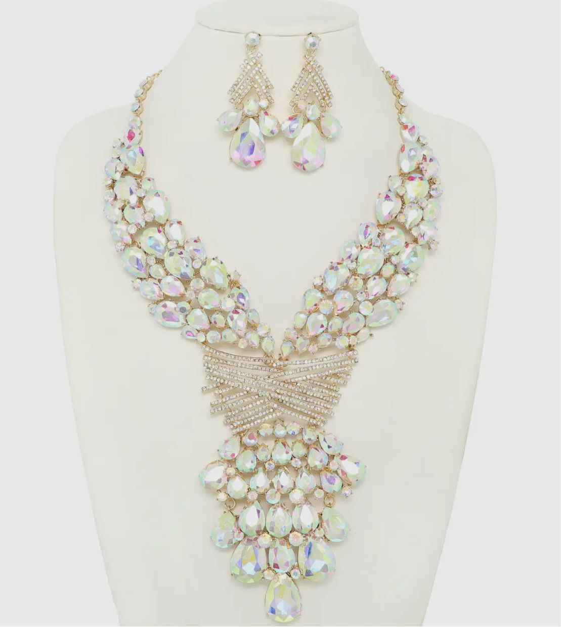 WOW FACTOR  Gold AB Teardrop Round Stone Embellished Statement  Necklace Set