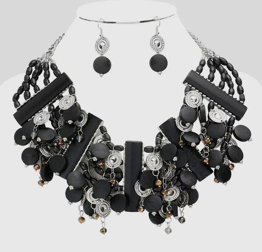 Vintage Black Wooden Bib Necklace