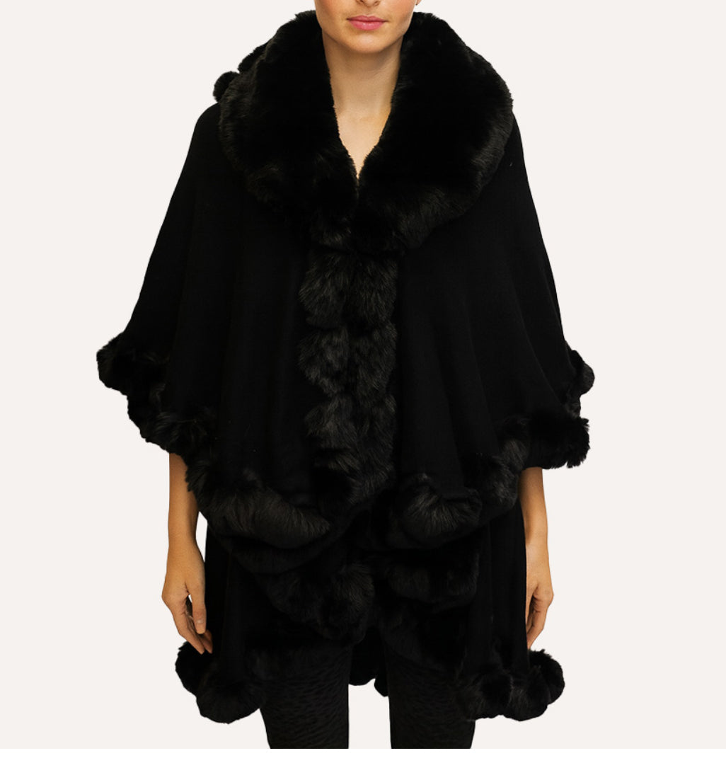 Elegant Faux Fur Trim Cape Poncho_Purple