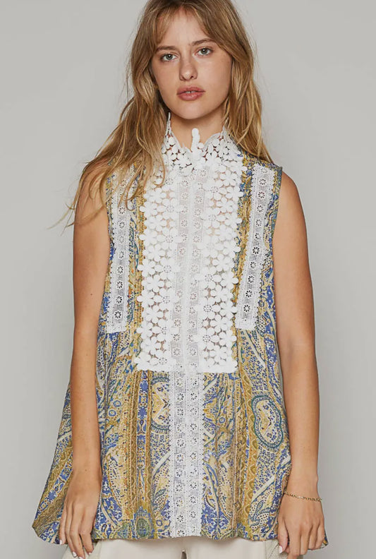 Floral Lace Mock Neck Floral Print Contrast Sleeveless Top_RESTOCKED