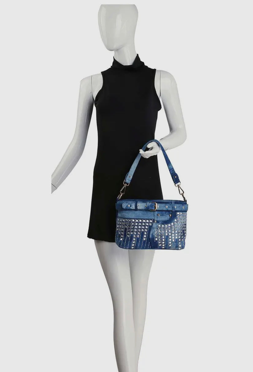 Denim BlueBelted Rhinestone Shoulder Bag