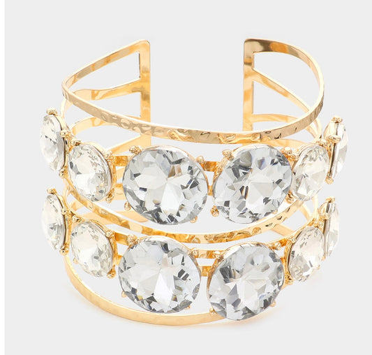 Round Stone Cluster Split Metal Cuff  Bracelet