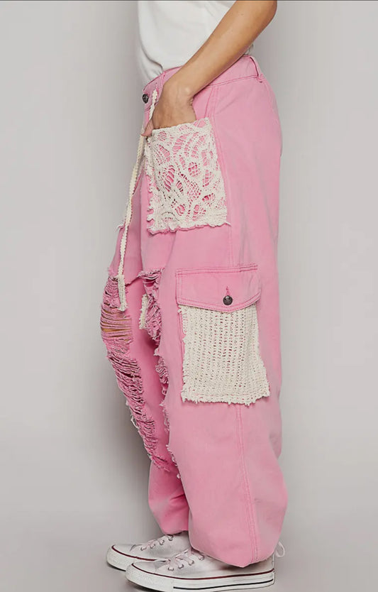 Vintage Wash Crochet Patches Distressed Jogger Pants _Pink