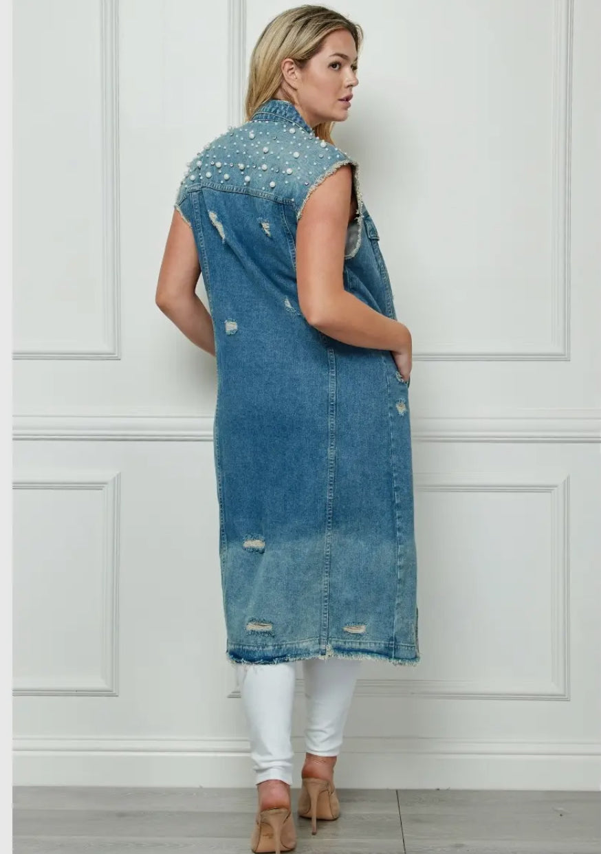 Good Girl Sleeveless Distressed Maxi Jacket w/Stone and Pearls