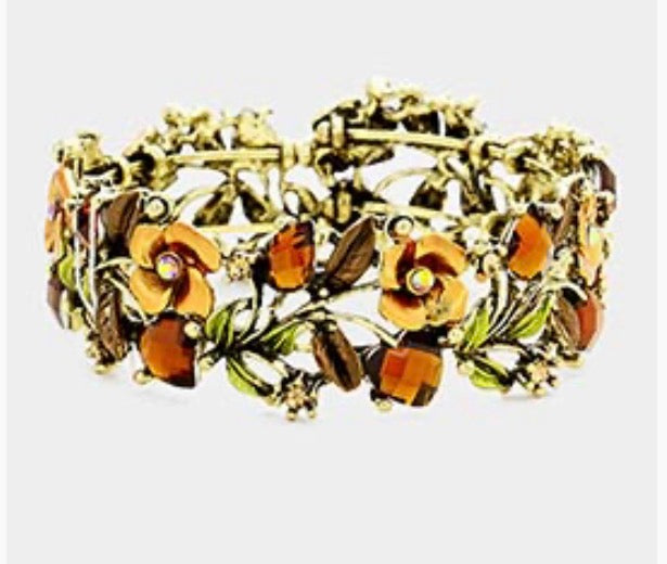 Glass Crystal Metal Flower Leaf  Bracelet