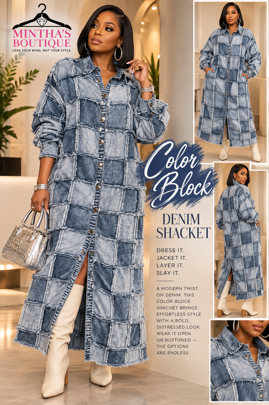 Colorblock Denim Patchwork Raw Edge Plaid Overcoat-Blue