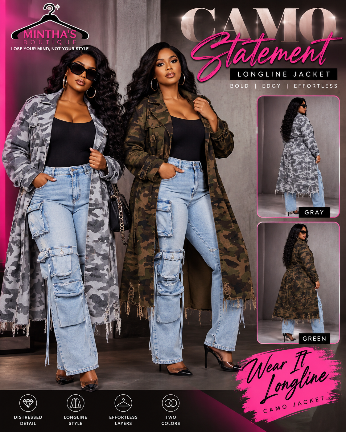 Wear It Longline Distressed Camouflage Jacket - Grey