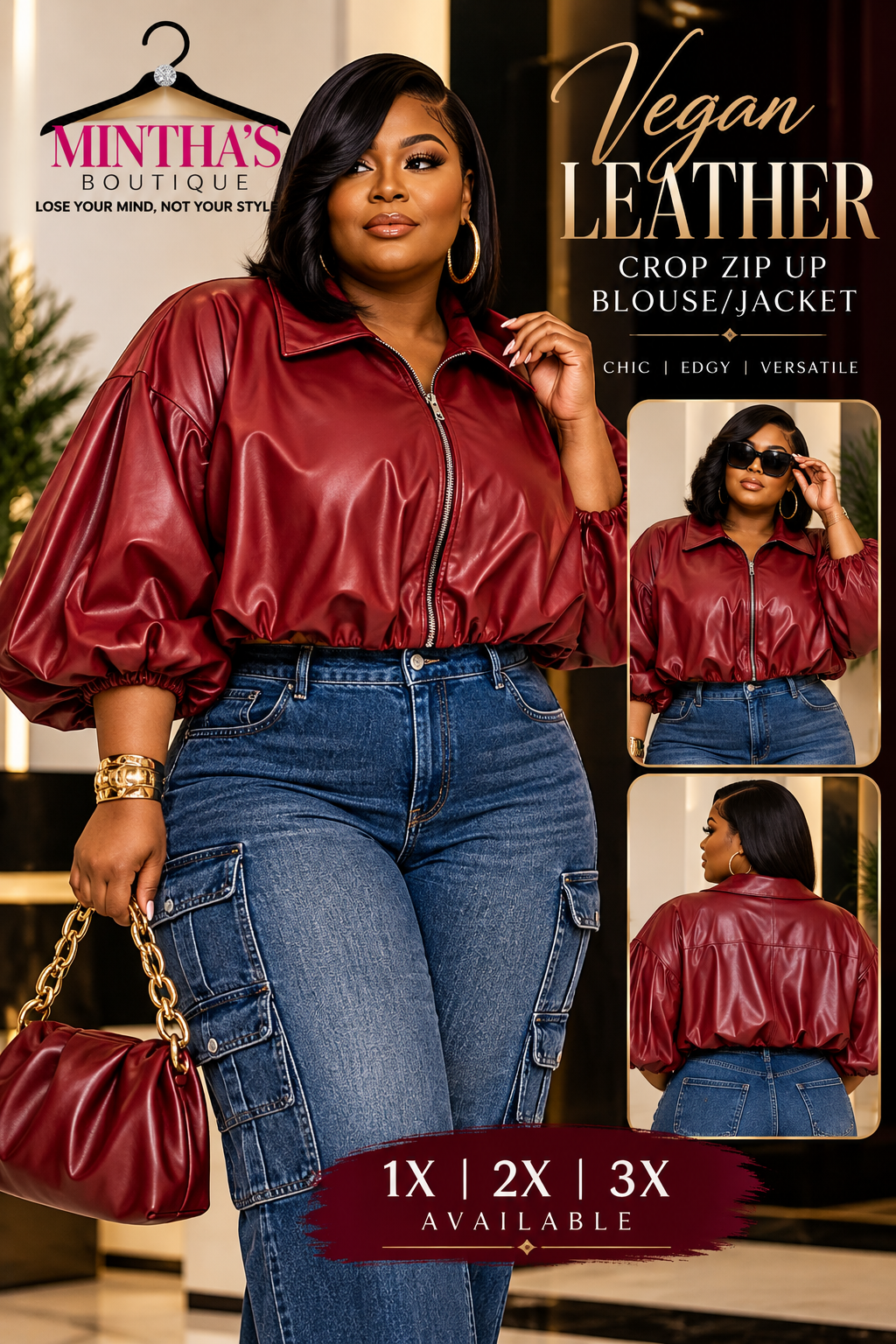 Vegan Leather Cropped Zip Up Blouse