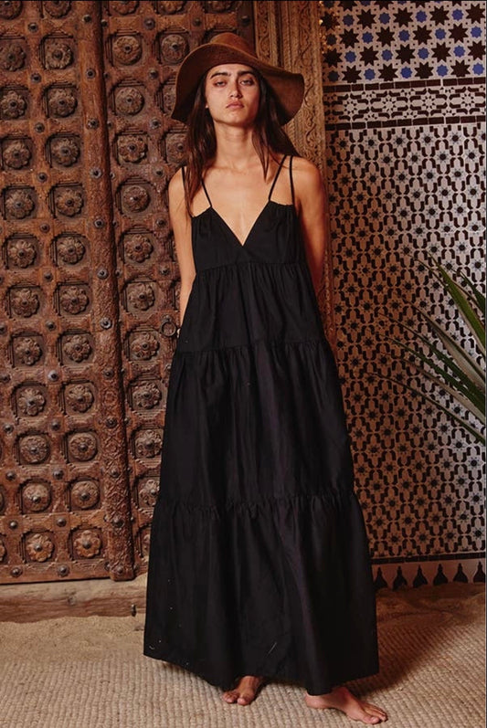 Sierra Strappy Tiered Poplin Maxi Dress_Black